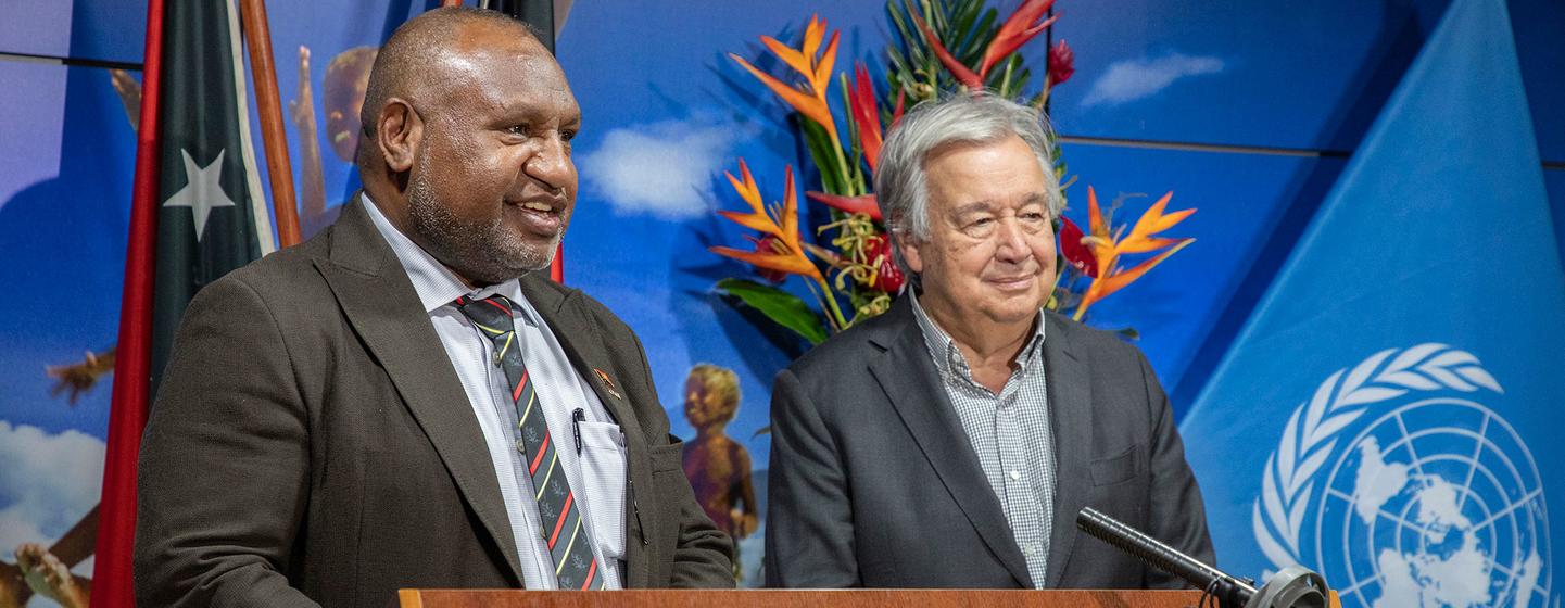 Prime Minister James Marape of Papua New Guinea addresses reporters at joint press encounter with Secretary-General António Guterres (right) in Port Moresby.