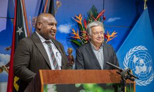 Prime Minister James Marape of Papua New Guinea addresses reporters at joint press encounter with Secretary-General António Guterres (right) in Port Moresby.