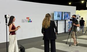 Women journalists working in the press room of the 4th International Conference on Financing for Development which took place in Sevilla, Spain.