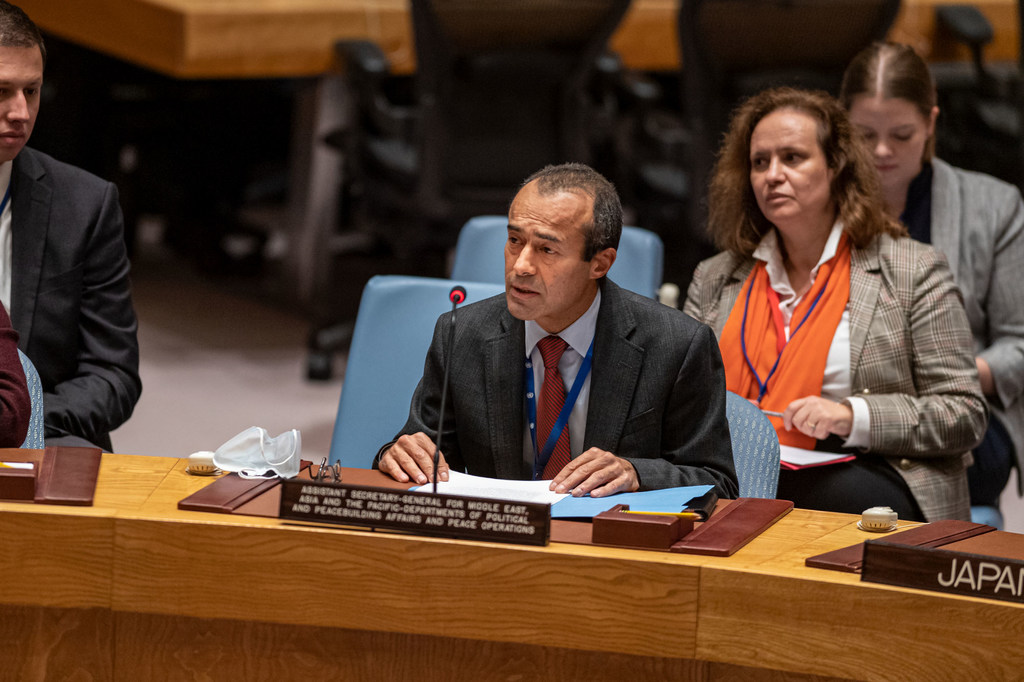 Khaled Khiari, Sous-Secrétaire général des Nations Unies pour le Moyen-Orient, l'Asie et le Pacifique au Département des affaires politiques, devant le Conseil de sécurité. (archives)