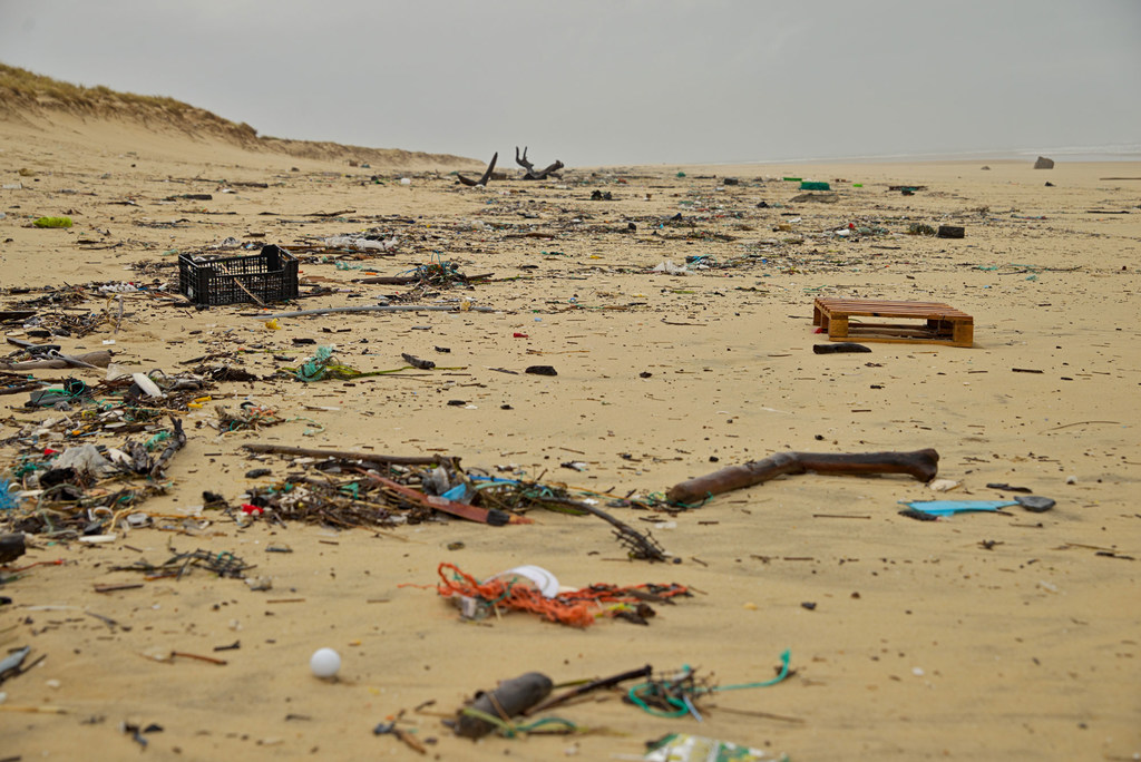 Une plage en France couverte de déchets.