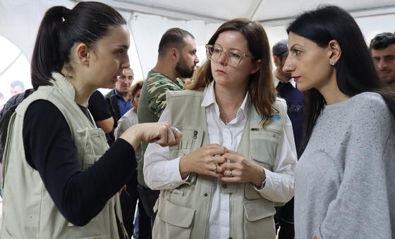 UNICEF Representative Christine Weigand (centre) and Human Rights Defender of Armenia Anahit Manasyan visit the humanitarian station based in Kornidzor where tens of thousands of ethnic Armenian refugee children and their families have been arriving.