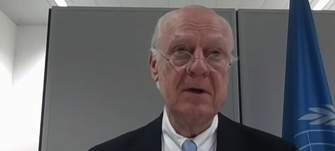 المبعوث الشخصي للأمين العام للأمم المتحدة للصحراء الغربية، ستيفان دي ميستورا، يتحدث إلى الصحفيين في نيويورك عبر الفيديو من بروكسل.