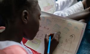 A displaced child at a UNICEF-supported site in Port Sudan.