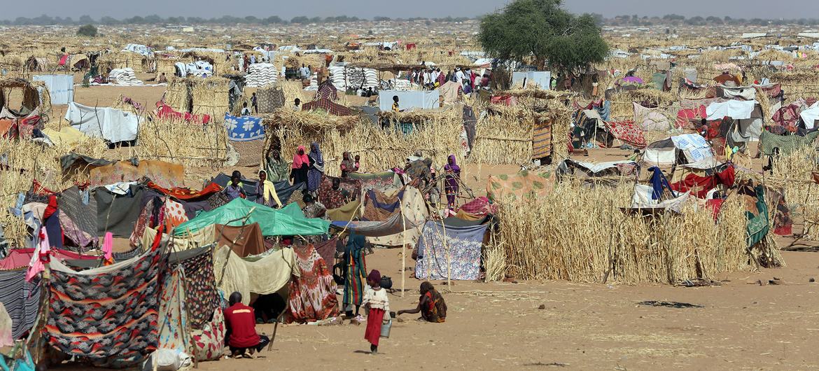 A sprawling refugee camp in Tawila, Darfur, Sudan, where nearly 89,000 displaced people have fled El Fasher. The UN and NGOs provide aid including food, water, healthcare, and psychosocial support. Many displaced are women who have experienced sexual violence.