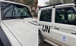 A WFP vehicle is left riddled with bullet holes and a shredded tyre after a convoy was attacked in Gaza.