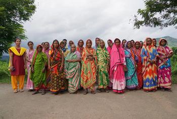 ओडिशा के ग्रामीण इलाके में रंग-बिरंगी पारंपरिक साड़ियों में सजी भारतीय महिलाओं का एक समूह खेत में खड़ा है।