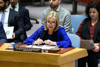 الممثلة الخاصة للأمين العام للأمم المتحدة في العراق، جنين هينيس-بلاسخارت متحدثة أمام مجلس الأمن.