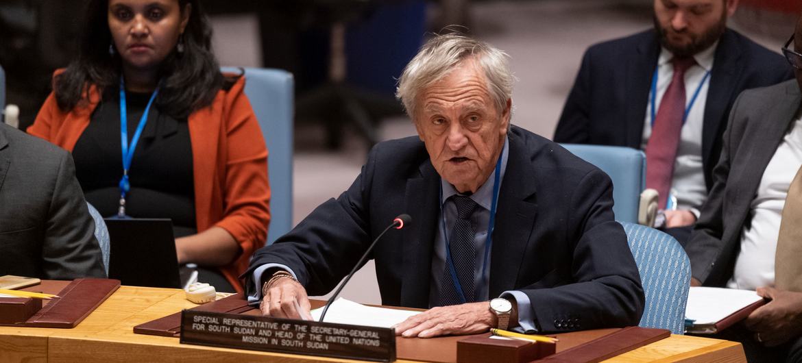 Nicholas Haysom, Special Representative of the UN Secretary-General and Head of the UN Mission in South Sudan, briefs the Security Council meeting on the situations in the Sudan and South Sudan.