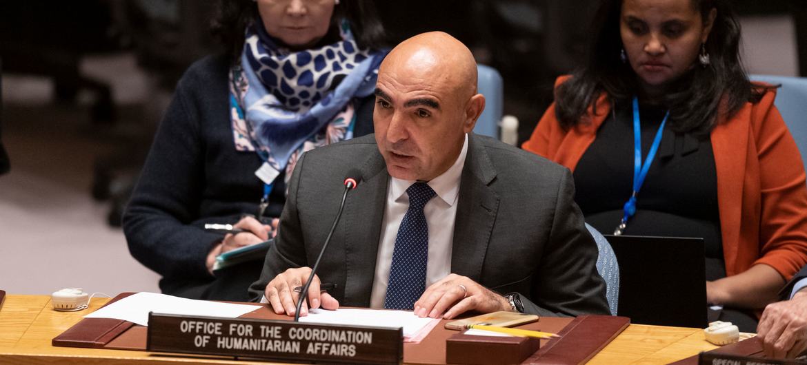 Tariq Talhama, Acting Director of Operations and Advocacy Division in the Office for the Coordination of Humanitarian Affairs (OCHA), briefs the United Nations Security Council meeting on the situations in Sudan and South Sudan.