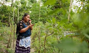 Una mujer guatemalteca trabaja haciendo uso de la tecnología móvil.