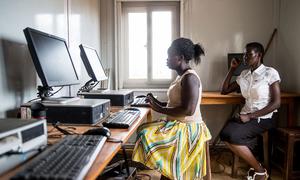 A midwife accesses online training at a camp for Internally Displaced Persons in Juba, South Sudan