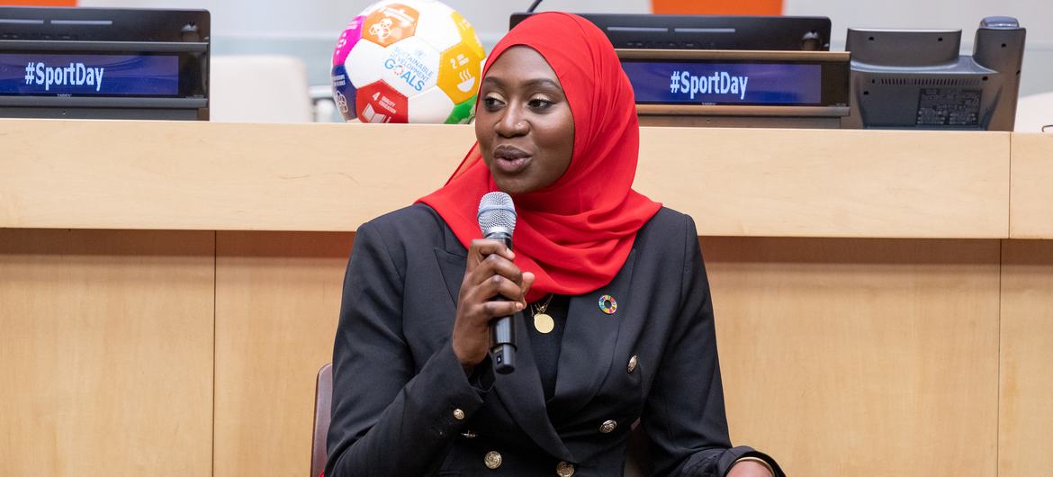 Professional basketball player, Batouly Camara, speaks during the International Day of Sport for Development and Peace 2023 at UN headquarters.