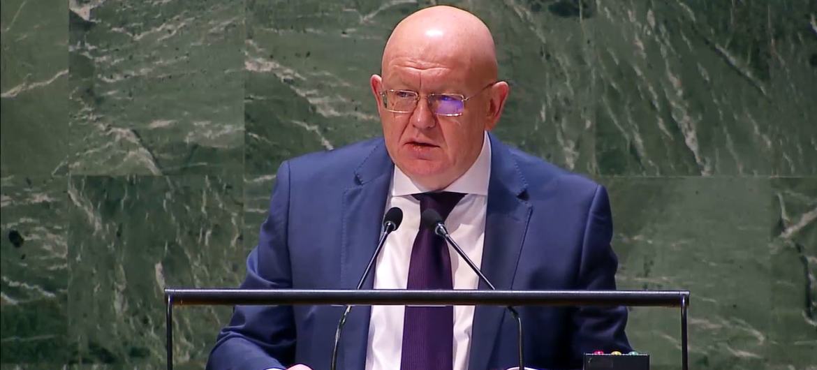 Ambassador Vassily Nebenzia of the Russian Federation addresses the UN General Assembly plenary meeting on the use of its veto to quash a draft resolution aimed at keeping weapons out of outer space.
