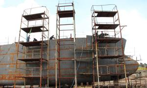 Men work in a shipyard in Chittagong, Bangladesh.