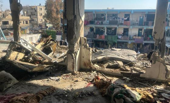 The aftermath of an attack on a UN school-turned shelter in Nuseirat on 6 June, where at least 35 displaced people were killed during an Israeli airstrike.