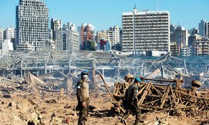 Peacekeepers serving with the UN mission in Lebanon (UNIFIL), assess the magnitude of the blast that destroyed Beirut Port, Lebanon.