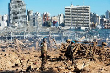 Peacekeepers serving with the UN mission in Lebanon (UNIFIL), assess the magnitude of the blast that destroyed Beirut Port, Lebanon.