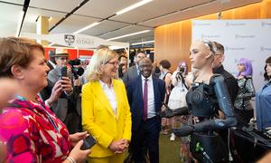 International Telecommunication Union (ITU) Secretary-General Doreen Bogdan-Martin meets the robots at the AI for Good Global Summit 2023 in Geneva.