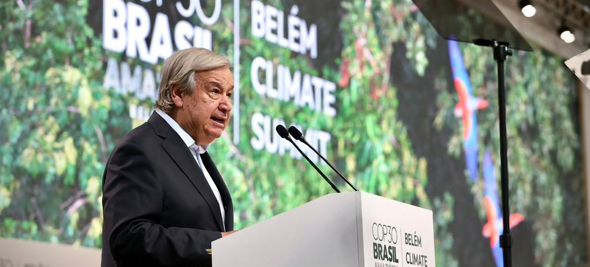 O secretário-geral das Nações Unidas, António Guterres, discursou nesta quinta-feira na Cimeira de Líderes da COP30, em Belém