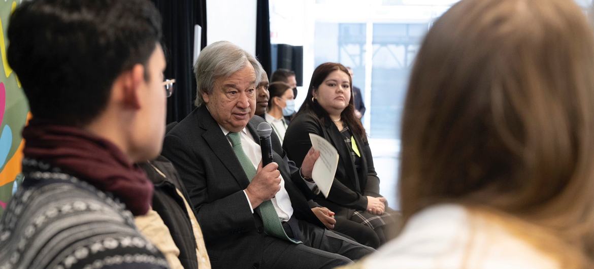 UN Secretary-General António Guterres interacting with youth at the UN Biodiversity Conference - COP15, in Montreal, Canada.