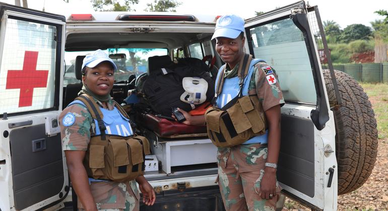 South African medical personnel serving with MONUSCO take part in a female engagement patrol to gather information on the security situation facing the local civilian population.