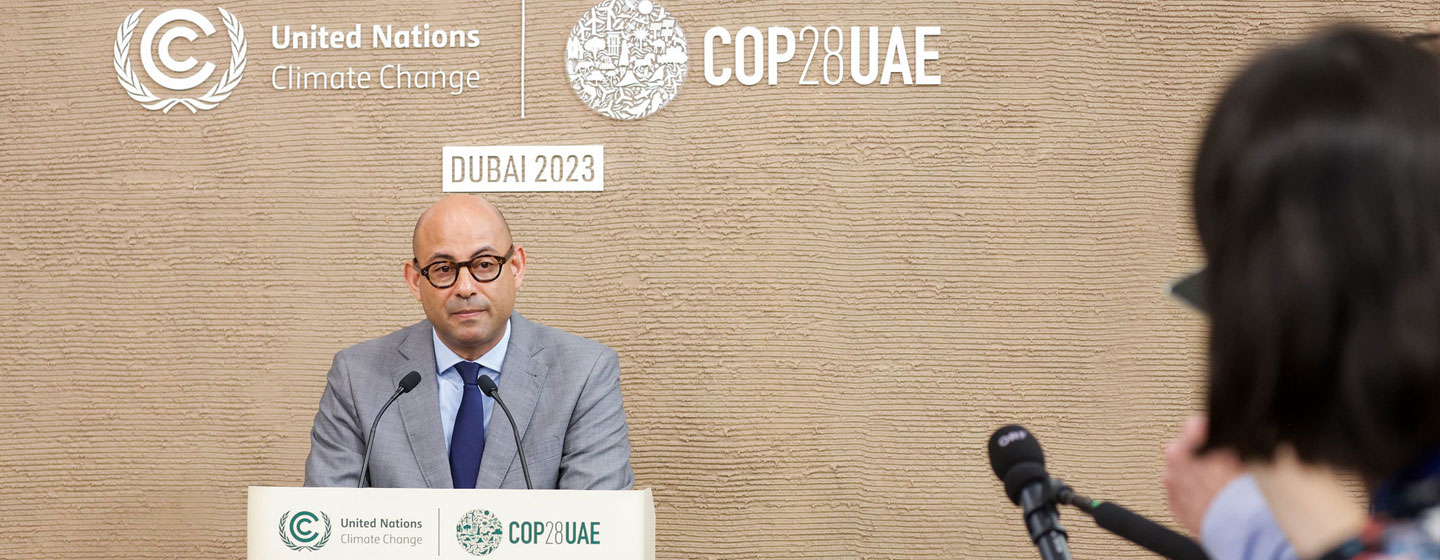 Simon Stiell, UNFCCC Executive Secretary speaks to reporters at the UN Climate Change Conference, COP28, at Expo City in Dubai, United Arab Emirates.
