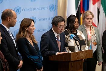 المندوب الدائم لليابان لدى الأمم المتحدة يلقي بيانا صحفيا بعد جلسة مجلس الأمن حول سوريا