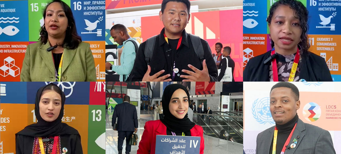 Top (left to right) Irina Sthapit, Sangay Loday, Dircia Sarmento and bottom (left to right) Florence Pouya, Shaimaa Barakat, Humphrey Mrema, participate in dialogue on youth in the least developed countries during the LDC5 conference in Doha, Qatar.