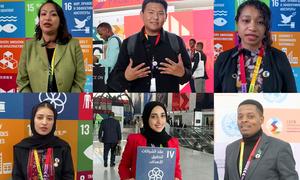 Top (left to right) Irina Sthapit, Sangay Loday, Dircia Sarmento and bottom (left to right) Florence Pouya, Shaimaa Barakat, Humphrey Mrema, participate in dialogue on youth in the least developed countries during the LDC5 conference in Doha, Qatar.