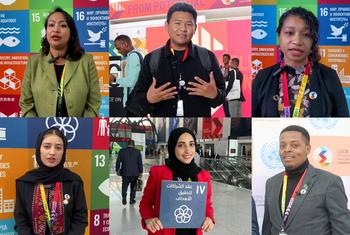 参加第五次最不发达国家会议的青年代表。上排(从左到右)：伊琳娜•斯塔皮特, 桑吉•洛达伊, 迪尔西娅•萨门托；下排(从左到右)：沙伊马•巴拉卡特, 弗洛伦斯•普亚, 汉弗莱•穆雷马。他们在卡塔尔多哈举行的联合国最不发达国家问题会议上参加关于最不发达国家青年问题的对话。