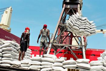 تنزانیہ کی ایک بندرگاہ پر کارکن باربرداری کرتے ہوئے۔