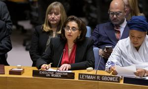 Sima Sami Bahous (left at table), Executive Director of UN Women, briefs the Security Council meeting on Women and peace and security.