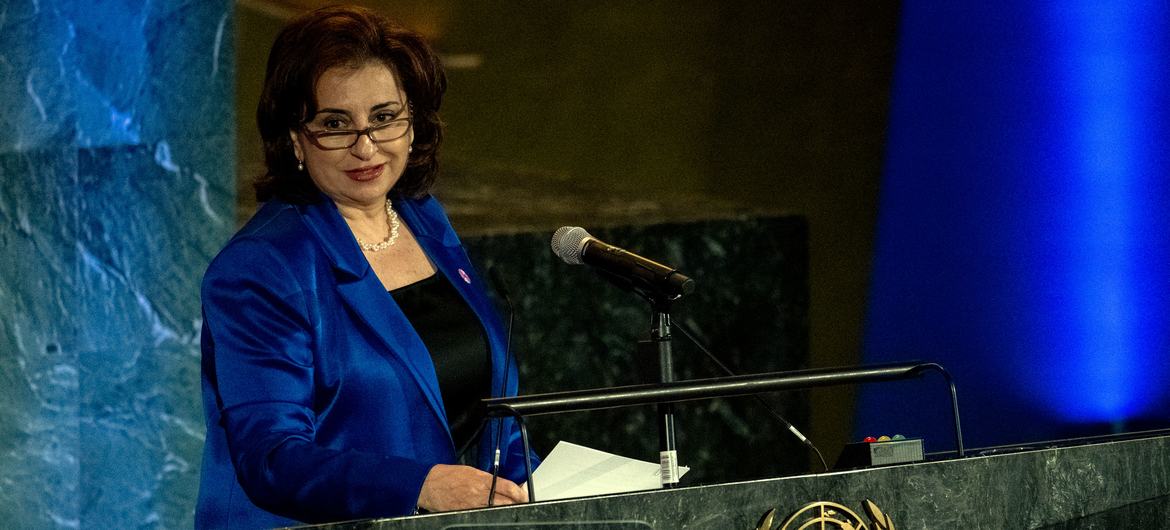 A diretora executiva da ONU Mulheres, Sima Bahous, discursa na celebração do Dia Internacional da Mulher