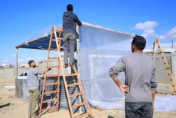 Displaced persons build new tents in Al-Mawasi area in central Gaza.