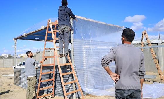 Displaced persons build new tents in Al-Mawasi area in central Gaza.
