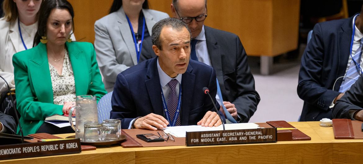 Khaled Khiari, Assistant Secretary-General in the UN Department of Political and Peacebuilding Affairs and Peace Operations, briefs the Security Council on non-proliferation and Democratic People’s Republic of Korea.