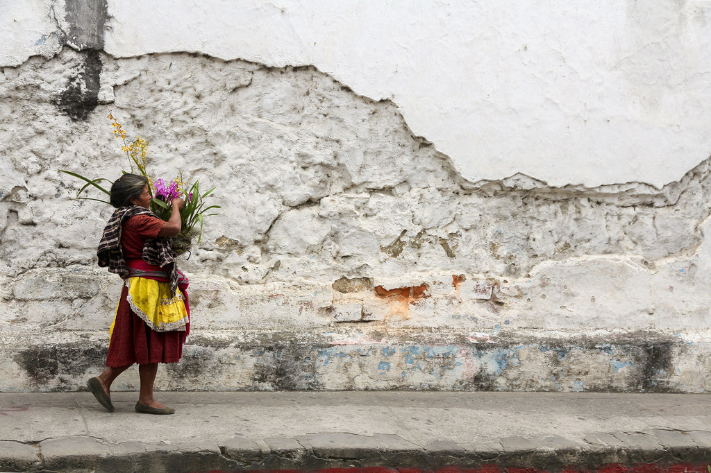 Uma mulher carrega uma cesta de flores pelas ruas de paralelepípedos e paredes em ruínas de Antígua, Guatemala.