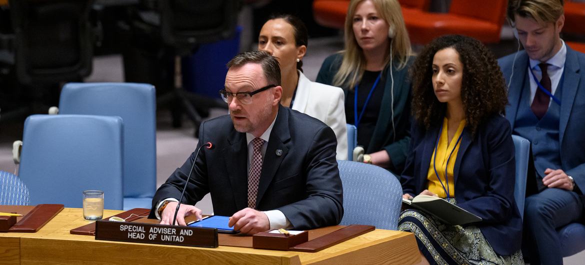 Christian Ritscher, Special Adviser and Head of the Investigative Team established pursuant to Security Council resolution 2379 (2017) (UNITAD), briefs the Security Council meeting on threats to international peace and security.