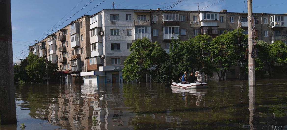 A neighbourhood in Kherson is flooded after the destruction of the Kakhovka dam in southern Ukraine.