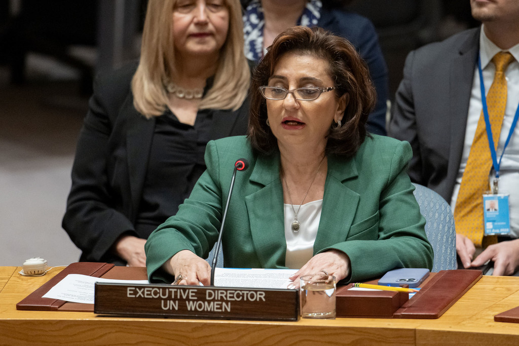 Sima Bahous, Executive Director of UN Women, briefs the Security Council meeting on women and peace and security.