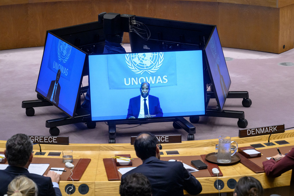Le chef de l'UNOWAS, Leonardo Santos Simão (à l'écran), informe la réunion du Conseil de sécurité de l'ONU sur la consolidation de la paix en Afrique de l'Ouest.