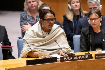 هالة الكارب، المديرة الإقليمية للمبادرة الاستراتيجية للمرأة في القرن الأفريقي، متحدثة في جلسة لمجلس الأمن عقدت تحت عنوان "مشاركة المرأة في السلم والأمن الدوليين: من النظرية إلى الممارسة".