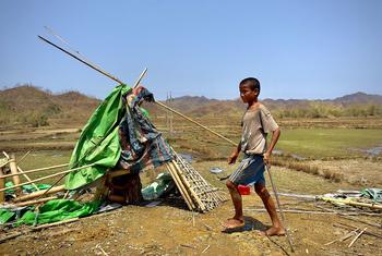 在缅甸若开邦邦纳吉云镇被致命飓风 “摩卡 ”登陆摧毁的嘎南当火车站，一名难民儿童准备挖洞为自己的房屋筑基。