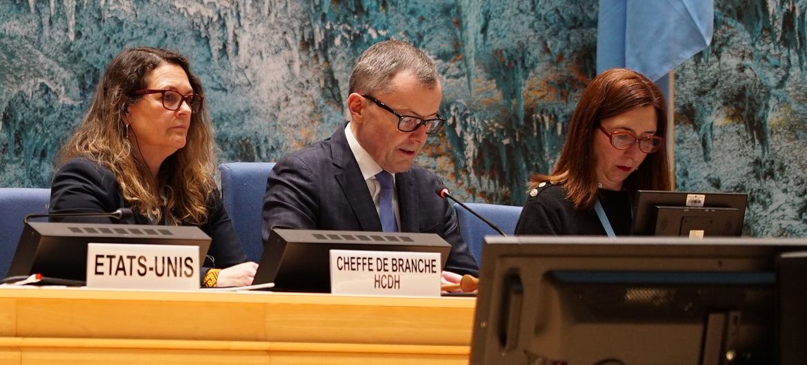 Jürg Lauber (centre), President of the UN Human Rights Council, presides the meeting of the scheduled universal periodic review of the United States of America.
