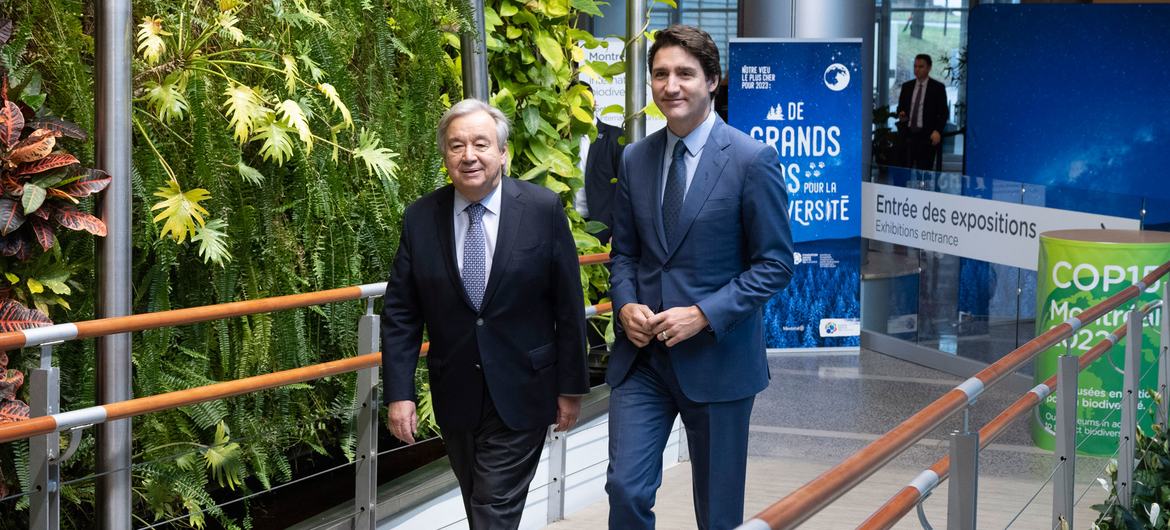 Secretary-General António Guterres (left) is accompanied around The Biosphère (a museum committed to the environment) by Prime Minister Justin Trudeau in Montreal, Canada.
