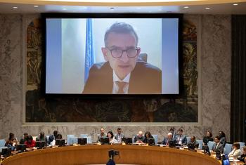 olker Perthes (on screen), Special Representative of the Secretary-General for Sudan and Head.of the United Nations Integrated Transition Assistance Mission in Sudan, briefs the Security Council meeting on the situation in the Sudan and South Sudan.