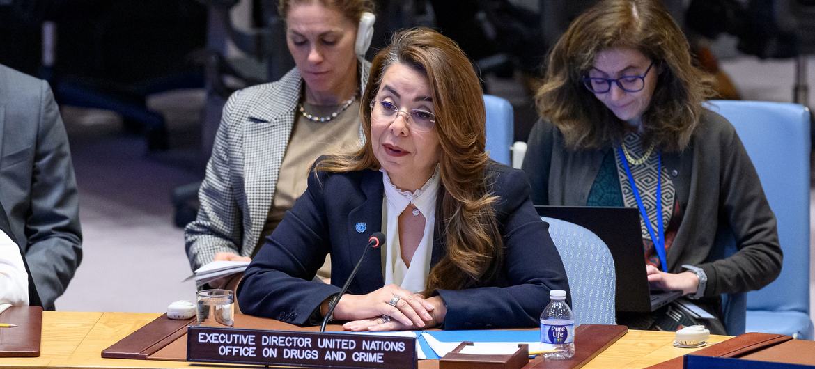 Ghada Waly, Directrice exécutive de l'Office des Nations Unies contre la drogue et le crime, informe le Conseil de sécurité des menaces que fait peser la criminalité transnationale organisée.