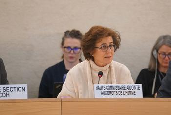 Deputy High Commissioner for Human Rights Nada Al-Nashif appearing before the Human Rights Council in Geneva.