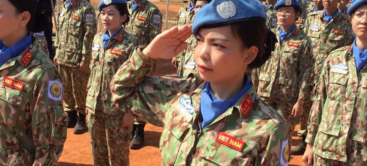 Vietnamese women UN peacekeepers serving in South Sudan line up at a medal ceremony. (file)